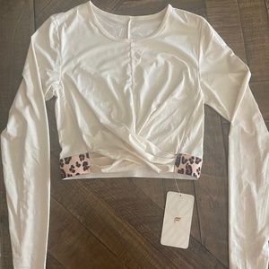 Fabeltics Front Twist Cream Crop Top with Cheetah Print (Small)